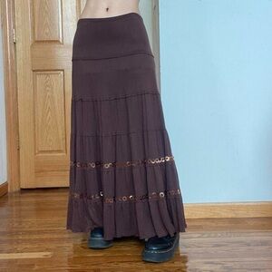 Vintage Brown Ruffle Peasant Tiered Maxi Skirt With Gold Sequins